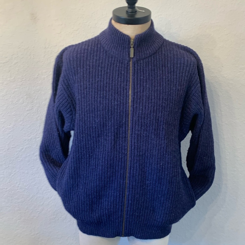 Jantzen Sport Full Zip Shetland Wool Sweater Large Navy Blue